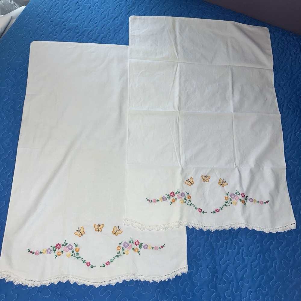 Butterfly And Flower Embroidered Two Standard Queen Pillowcases White